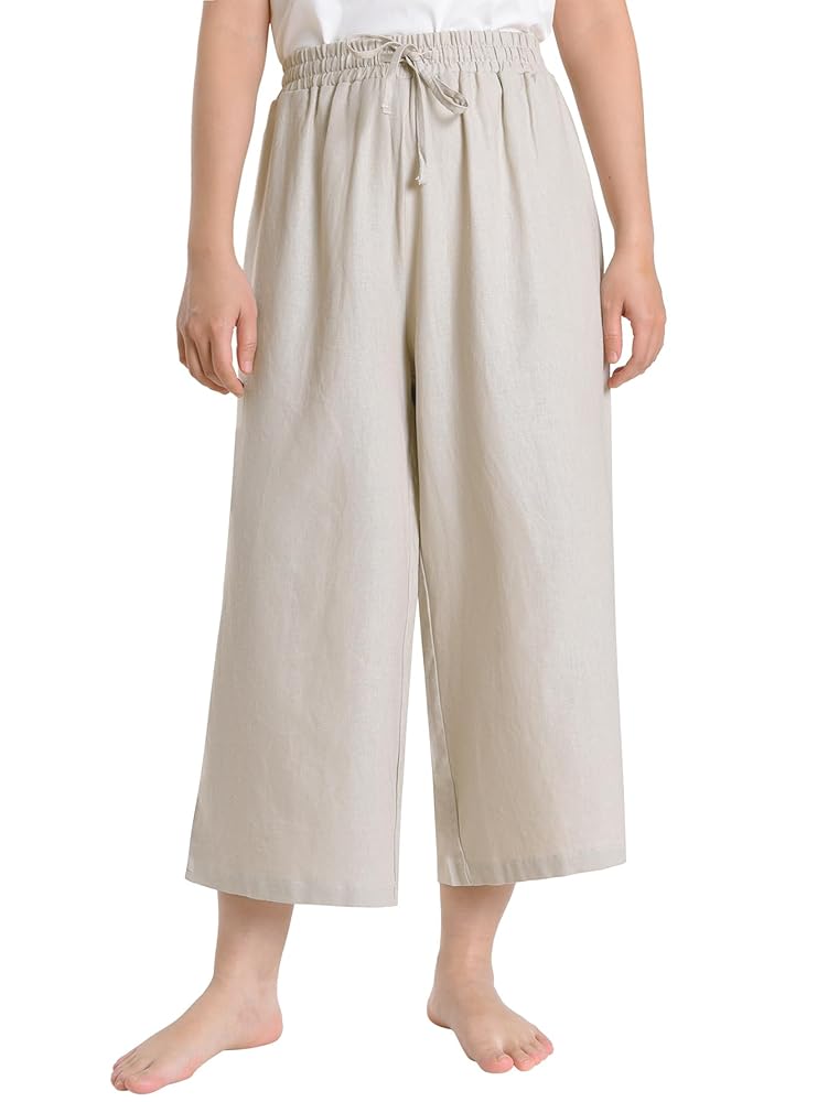 Weintee Women's Linen Capris Wide Leg Cropped Pants with